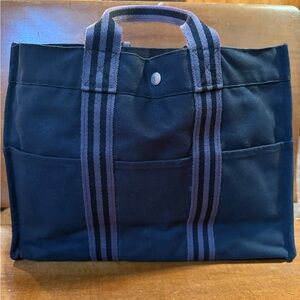 Hermes navy blue Canvas Tote with Striped Handles